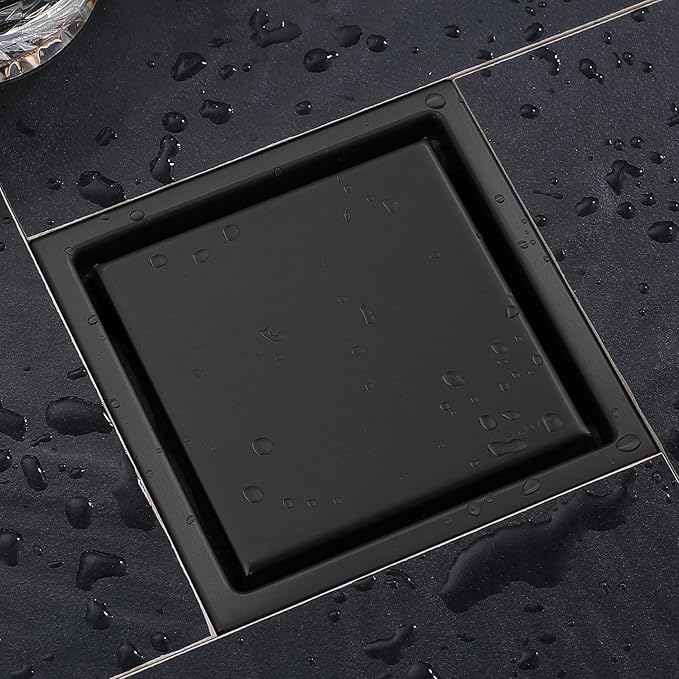 4 Inch Shower Floor Drain, SUS304 Stainless Steel Square Bathroom Floor Drain with Flange Reversible 2-in-1 Cover Insert Tiles for Filtering, Matte Black