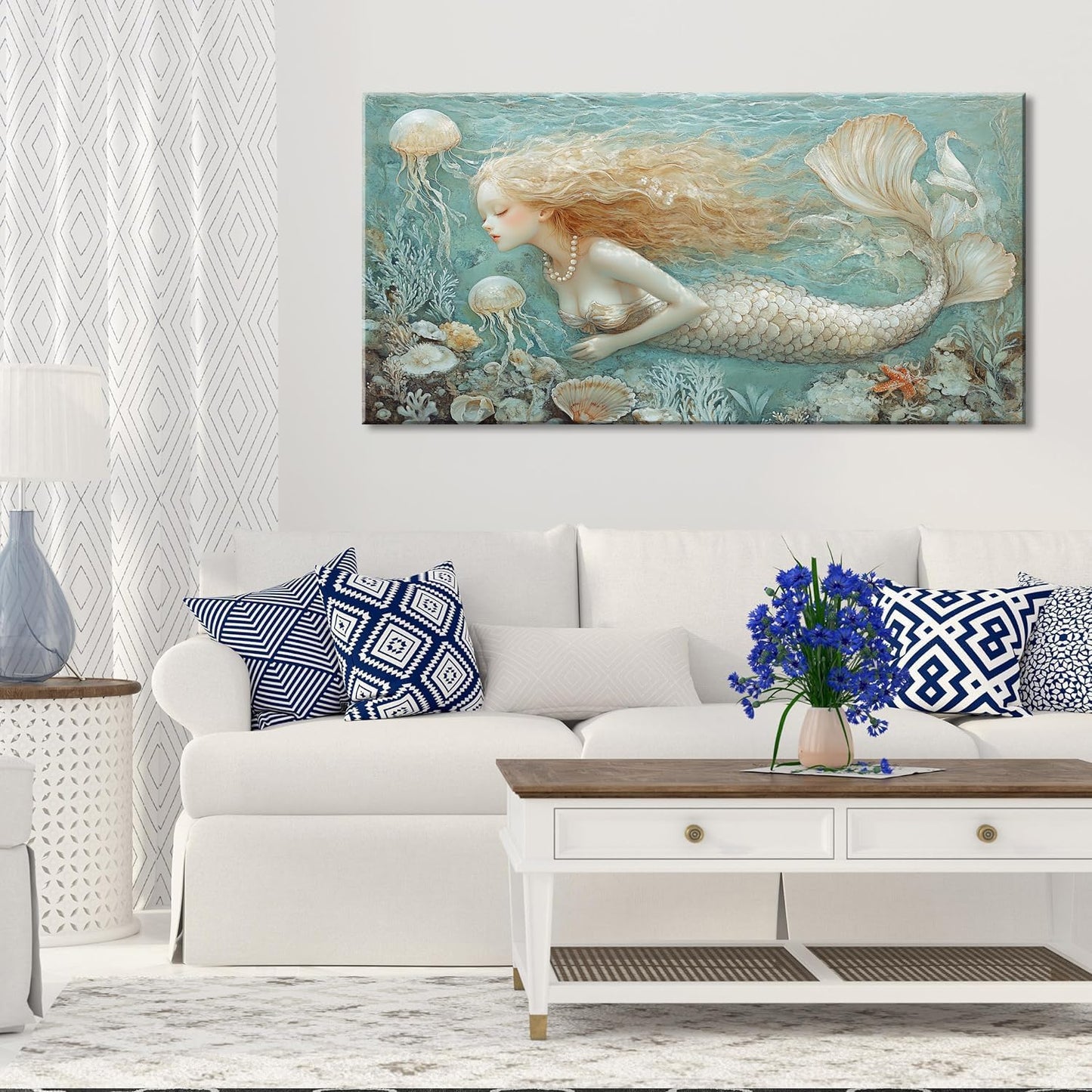 LASMOND Ocean Mermaid Wall Art for Girls Room Modern Canvas Prints Marine Organism Underwater World Sea Creatures Artwork Paintings Women Bedroom Wall Decor (40x20 Inches)
