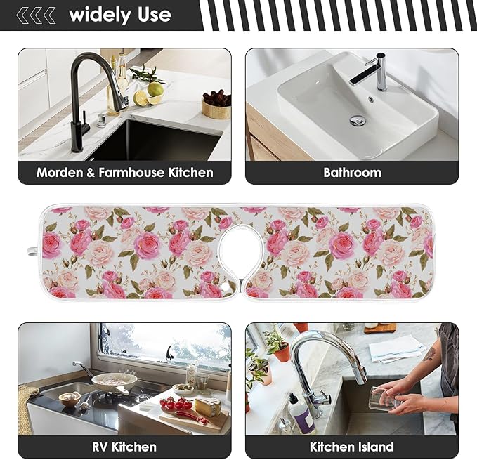 Kitchen Faucet Absorbent Mat,Pink Rose Flower Floral Water Splash Guard for Sink, Faucet Drip Catcher Thicken Sponge Microfiber Faucet Water Catcher Mat Sink Absorbent Mat for Kitchen 14x5in 2 Pack