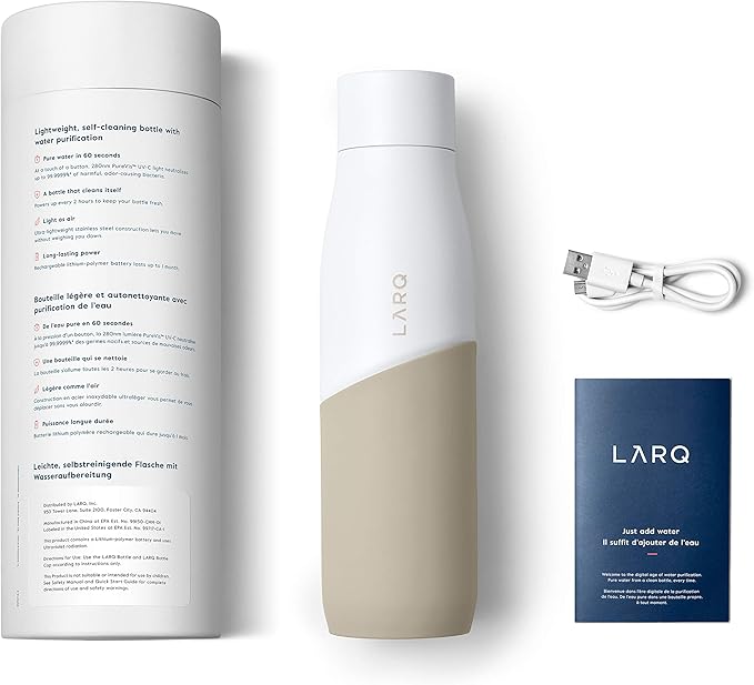LARQ Bottle Movement PureVis 24 oz- Lightweight Self-Cleaning and Non-Insulated Stainless Steel Water Bottle with UV Water Purifier | Reusable & Travel Friendly, 1-Year Warranty, White/Dune