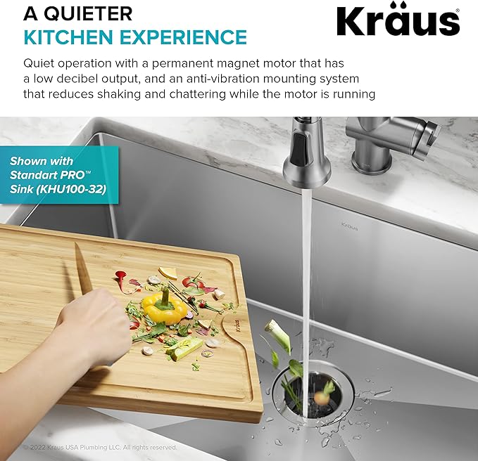 KRAUS WasteGuard 1/3 HP Ultra-Quiet Garbage Disposal with Quick Connect, Kitchen Sink Drain Cover, Power Cord and Flange Included, KWD100-33MBL