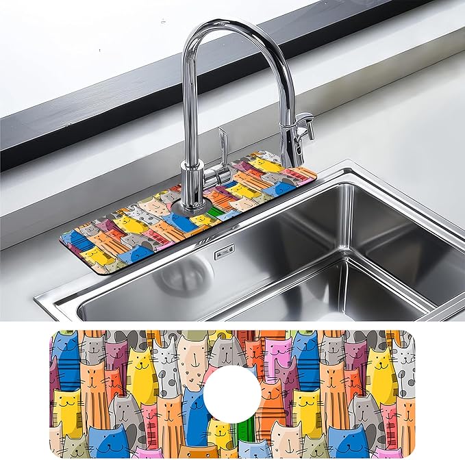 Kitchen Sink Splash Guard Faucet Mat Funny Cats Family Sink Splash Guard Behind Faucet,1 PC Soft Diatom Mud Non-Slip Mat-for Kitchen,Sink Mat,Dish Drying Mat,Bathroom Faucet Mat 15.5"X5.5"