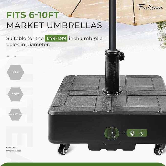 FRUITEAM Fillable Mobile Umbrella Base, 100 LBS Patio Umbrella Weight Base Heavy-Duty,Plastic Base Water & Sand Filled Umbrella Stand Holder with 4 Wheels, Easy to Move