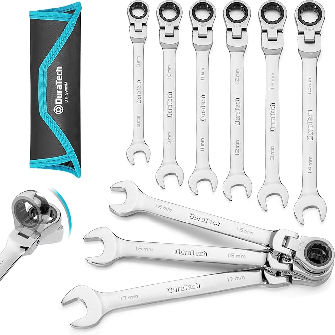 DURATECH 9-Piece Flex-Head Ratcheting Wrench Set, Combination Wrench Sets, 72 Tooth, Metric, 8, 10, 11, 12, 13, 14, 15, 16, 17mm, CR-V Steel, with Rolling Pouch