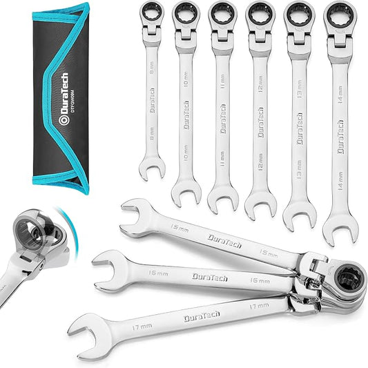 DURATECH 9-Piece Flex-Head Ratcheting Wrench Set, Combination Wrench Sets, 72 Tooth, Metric, 8, 10, 11, 12, 13, 14, 15, 16, 17mm, CR-V Steel, with Rolling Pouch