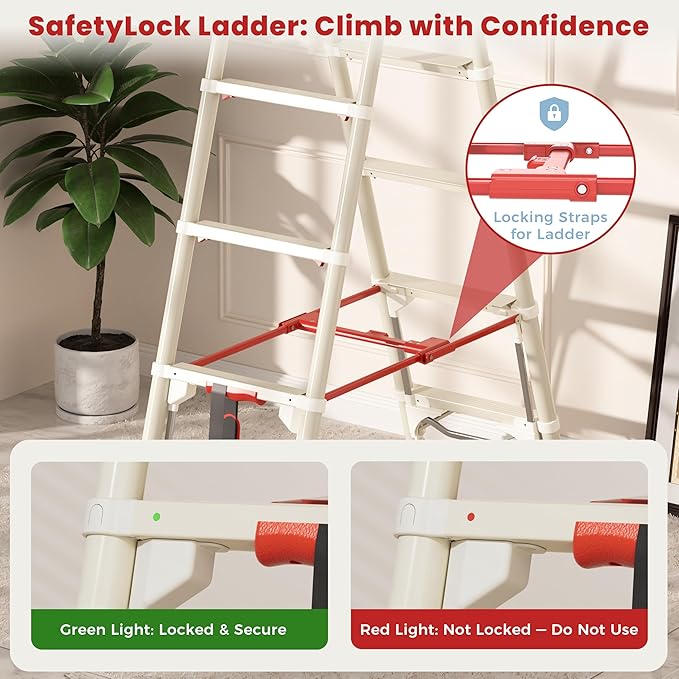 Telescoping 6-Step Ladder, 5.3FT Folding Step Stool with Safety Lock, Wide Non-Slip Pedals & Retractable Handgrip, Heavy Duty 380 lbs for Home & Outdoor