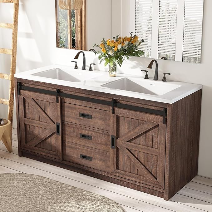 60" Farmhouse Bathroom Double Vanity Sliding Barn Door with Sink Combo, Freestanding, Bathroom Vanity Cabinet with Drawers & Metal Handles, Reclaimed Barnwood