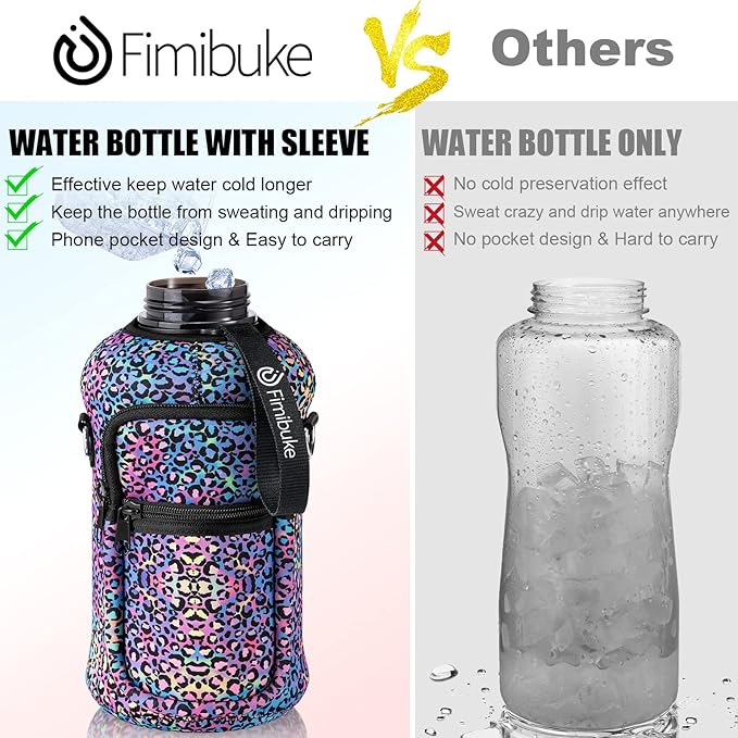 Fimibuke Half Gallon Water Bottle with Sleeve 64 OZ Water Bottle with Handle & Straw Leakproof Motivational Sports Gym Water Bottle with Time Marker BPA Free Water Jug with Reusable Neoprene Holder