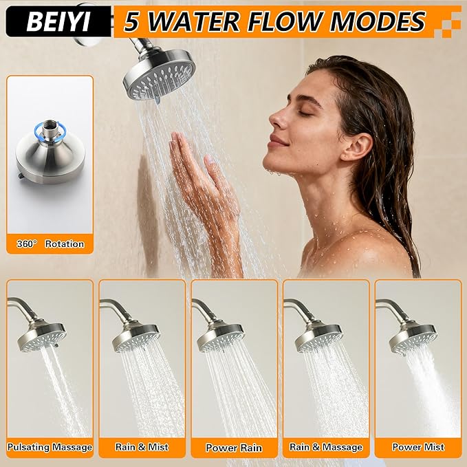 2 Handle Shower Faucet, Two Handles Shower Faucet Set with 5 Modes Rainfall Shower Head 2 Knobs Single Function Shower Trim Kit with Brass Rough-in Valve, Brushed Nickel