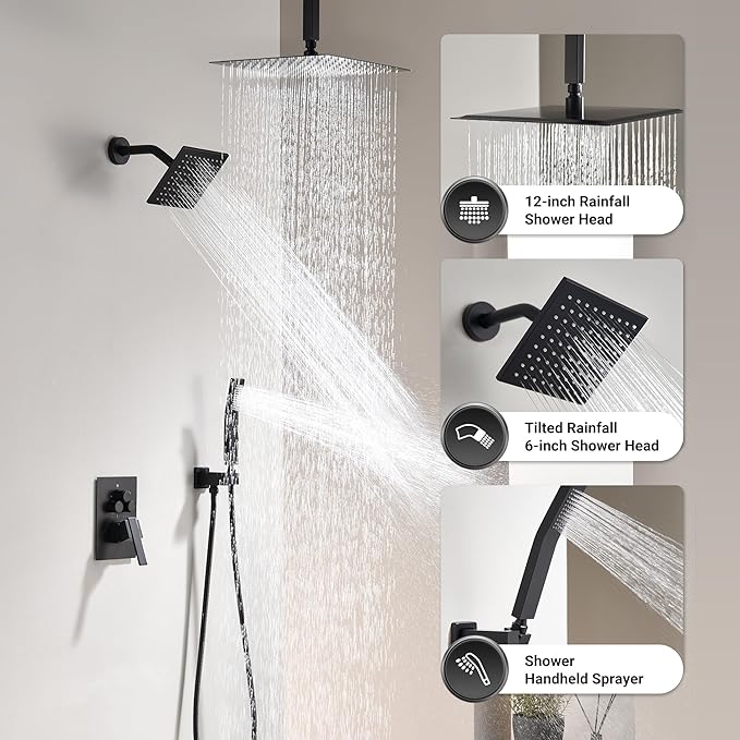 Dasan Matte Black Dual Shower Heads System with Ceiling 12-Inch Rainfall Shower & Wall Mount 6-Inch High Pressure Shower Head, Full Body Dual Shower Set with Handheld Sprayer, 3-Function Shower Faucet