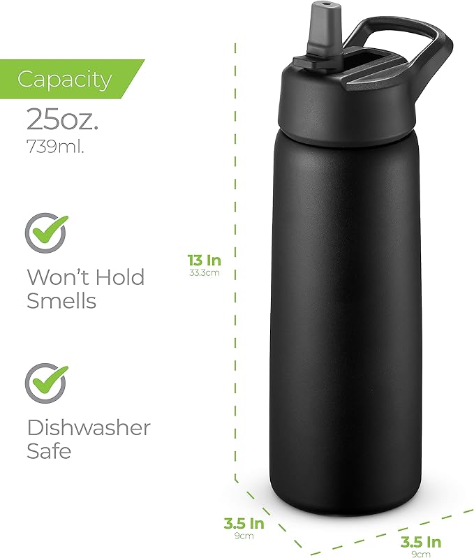 SipX™ Triple-Insulated Stainless Steel Water Bottle 25oz. With 3 Lids, BPA-Free Reusable Insulated Water Bottle Keeps Cold 24 Hours, Metal Water Bottle Made Of Sustainable Material For Hiking & Biking