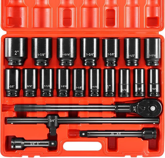 VEVOR Impact Socket Set 3/4 Inches 22 Piece Deep Impact Sockets, 6-Point Sockets, Rugged Construction, CR-V Drive Socket Set Impact SAE 13/16 inch - 2 inch, Includes Carrying Case and Ratchet Handle