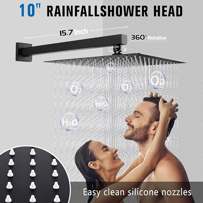 10 Inch Rainfall Shower Faucet Single Function Shower Trim Kit with Rough-in Valve Shower Set Square Stainless Steel Metal Touch-Clean Shower Head Matte Black