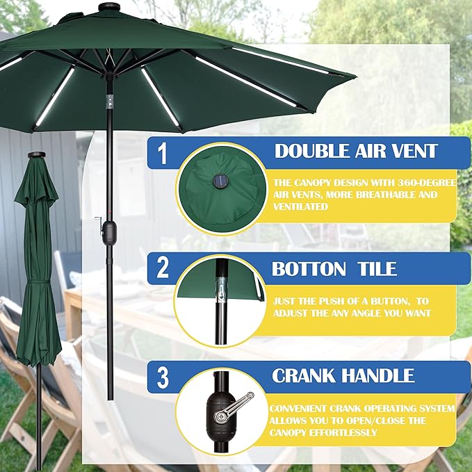 Sunnyglade 9FT Outdoor Solar LED Lighted Patio Umbrella with 8 LED Strip Lights & 8 Ribs, Convenient Crank Lift System