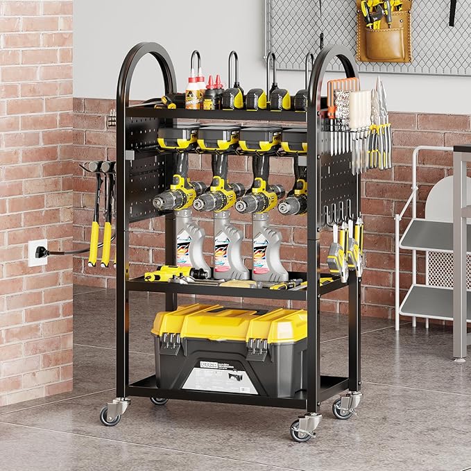 Warome Power Tool Organizer Cart with 8 Movable Charging Station, 4-tire Rolling Utility Cart for 8 Electrical Drills Holders, Storage Cart on Wheels for Garage Storage in Black, Gifts for Man