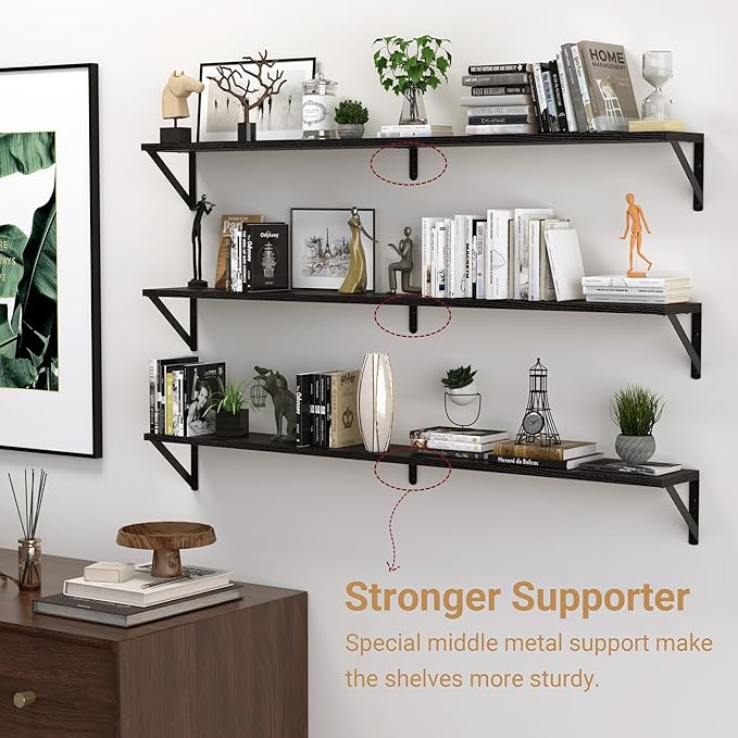 Heimlove 48 Inch Large Wall Bookshelves Set of 3, Wall Mounted Bookshelves,Heavy Duty Wooden Shelves for Living Room,Bedroom,Kitchen,Laundry Room Storage & Decor