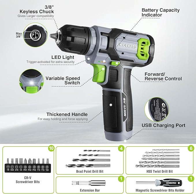 WORKPRO 43PCS Cordless Lithium-ion Drill Driver & Toolbox, 8V 2.0 Ah Power Drill Set with Household Hand Tool Kit, Battery Powered Screwdriver with Stackable Tool Box