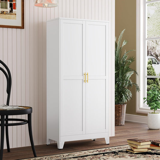 Metal Kitchen Pantry Storage Cabinet with 2 Doors and 3 Adjustable Shelves,Pantry Cabinet with Adjustable Leveling Foot for Kitchen, Living Room, Dining Room（White）