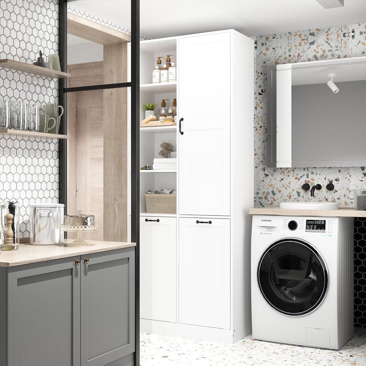 ECACAD Tall Bathroom Storage Cabinet with Shelves and Tilt-Out Laundry Hampers, Freestanding Floor Cabinet for Living Room, Bedroom & Kitchen, White (31.5”W x 13.8”D x 78.7”H)