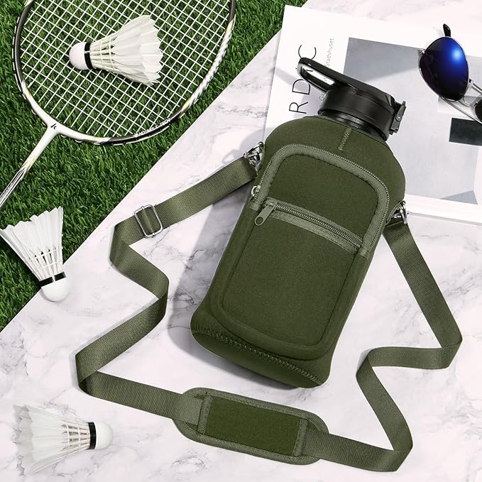 Fimibuke Half Gallon Water Bottle with Sleeve 64 OZ Water Bottle with Handle & Straw Leakproof Motivational Sports Gym Water Bottle with Time Marker BPA Free Water Jug with Reusable Neoprene Holder