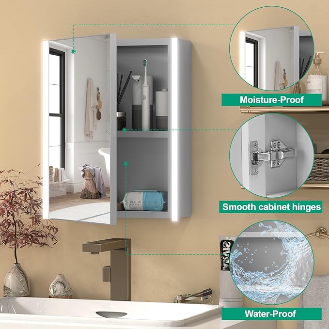 20x26 Inch Medicine Cabinet with LED Light Mirror, Brightneess Adjustable and Full-Assembled Bathroom Aluminum Cabinet with Storage, Surface or Recessed Tempered Cabinet, Farmhouse Sliver