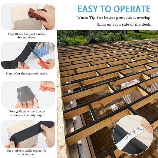 Butyl Joist Tape for Decking 2''×50', 6 Pack Weather-Resistant Deck Joist Tape, Waterproof Seal Antiseptic Butyl Joists Tape,Self-Adhesive Flashing Joists Tape for Wood Decks Beams Roof