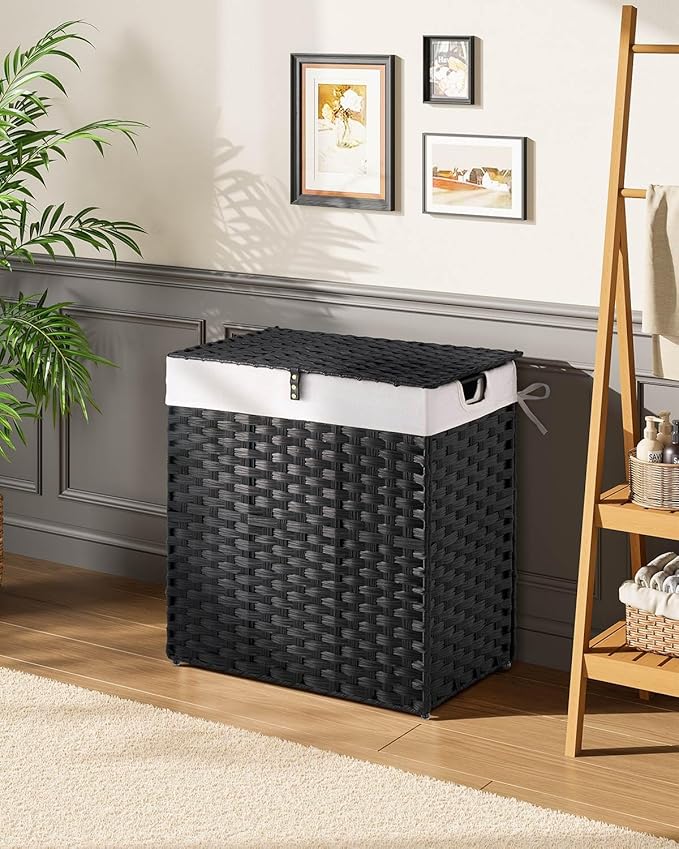 Greenstell Laundry Hamper with lid, No Install Needed, 110L Wicker Laundry Baskets Foldable 2 Removable Liner Bags, 2 Section Clothes Hamper Handwoven Rattan Laundry Basket with Handle, Black