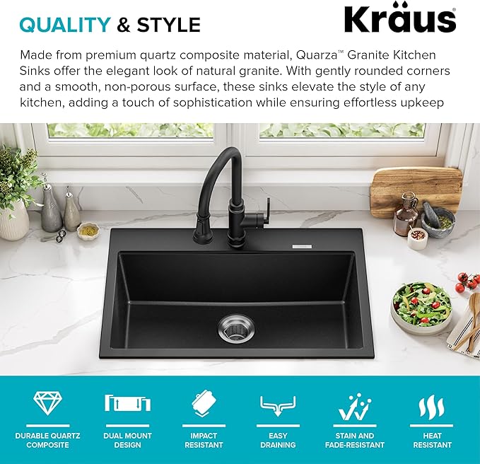 KRAUS Quarza 31-inch Drop-In/Undermount Single Bowl Granite Kitchen Sink in Black Onyx, KGD-412B