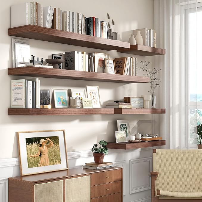 12 Inch Deep Floating Shelves for Wall | 72W x 12D Floating Shelves Set of 1 | Rustic Walnut Long Floating Shelves for Living Room Bathroom Laundry Room Bedroom Kitchen Home Office