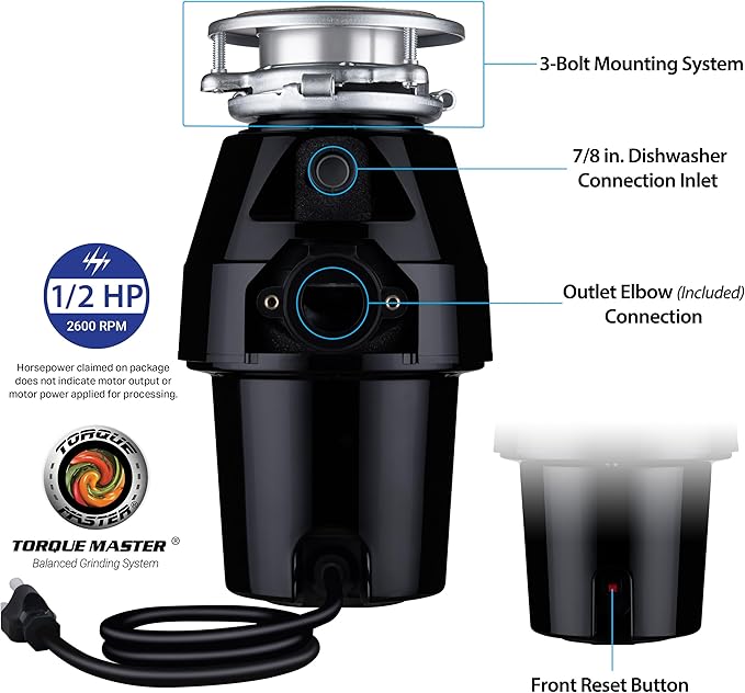 TITAN 10-US-TN-760-3B Torque Garbage Disposal System with Stainless Steel Impellers & Griding Components, Black (1/2 HP | Mid Duty)