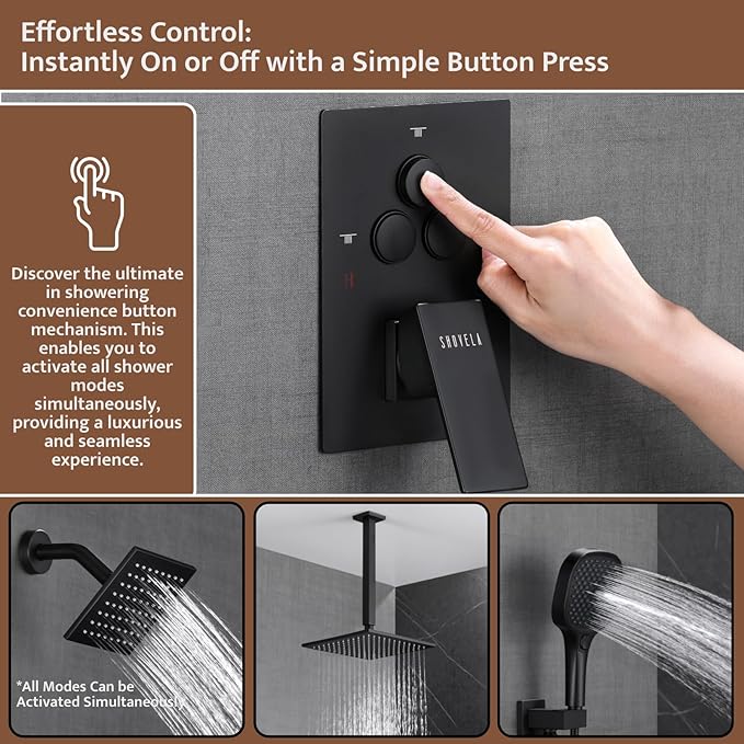 Shower System Matte Black Ceiling Mount Shower Faucet Set with 10 Inch Shower Head, Push Button Diverter Shower Fixtures with 3 in 1 Handheld,6 Inch Shower Head【All Functions Simultaneous Use】
