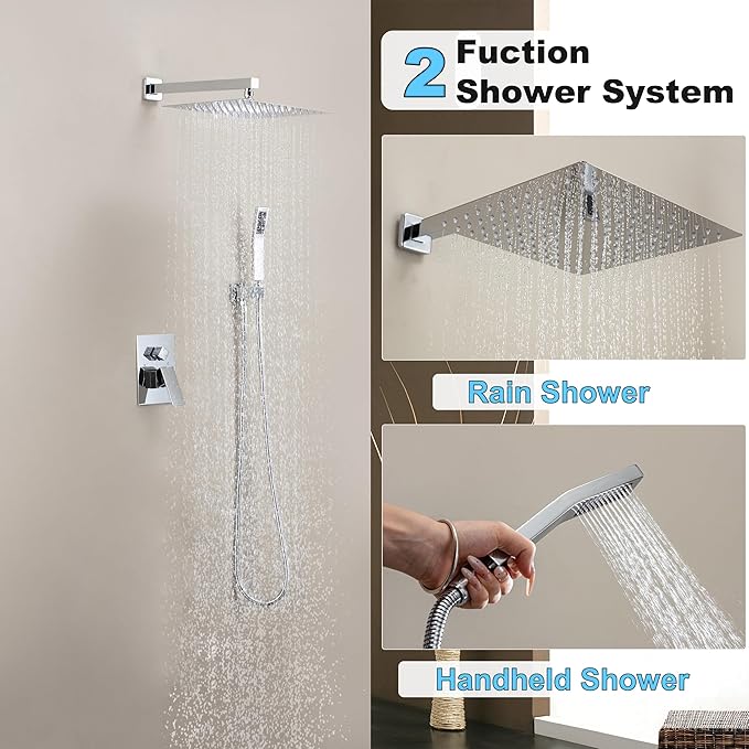 Shower Faucet Set, Shower System with 10 Inch Rain Showerhead and Handheld Shower, Wall Mounted High-Pressure Showerhead Combo Set Included Valve and Trim, Polished Chrome