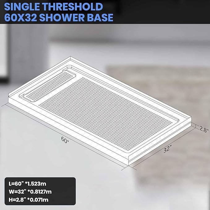 Shower Base in White Left Drainer Cover, Rectangular Shower Pan 60 "×32"×2.8", Anti-Slip Acrylic Shower Base for Bathroom