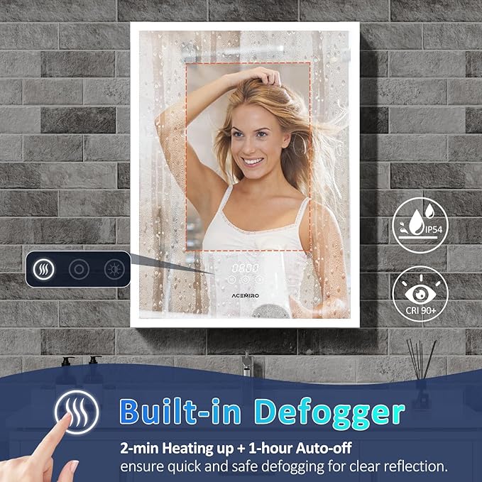 Medicine Cabinet With Lights, 2432 Inch Surface or Recessed, Mirror, 3 Color Dimmable, Defogger, Clock & Temp, Outlet & USB, Door Left Open