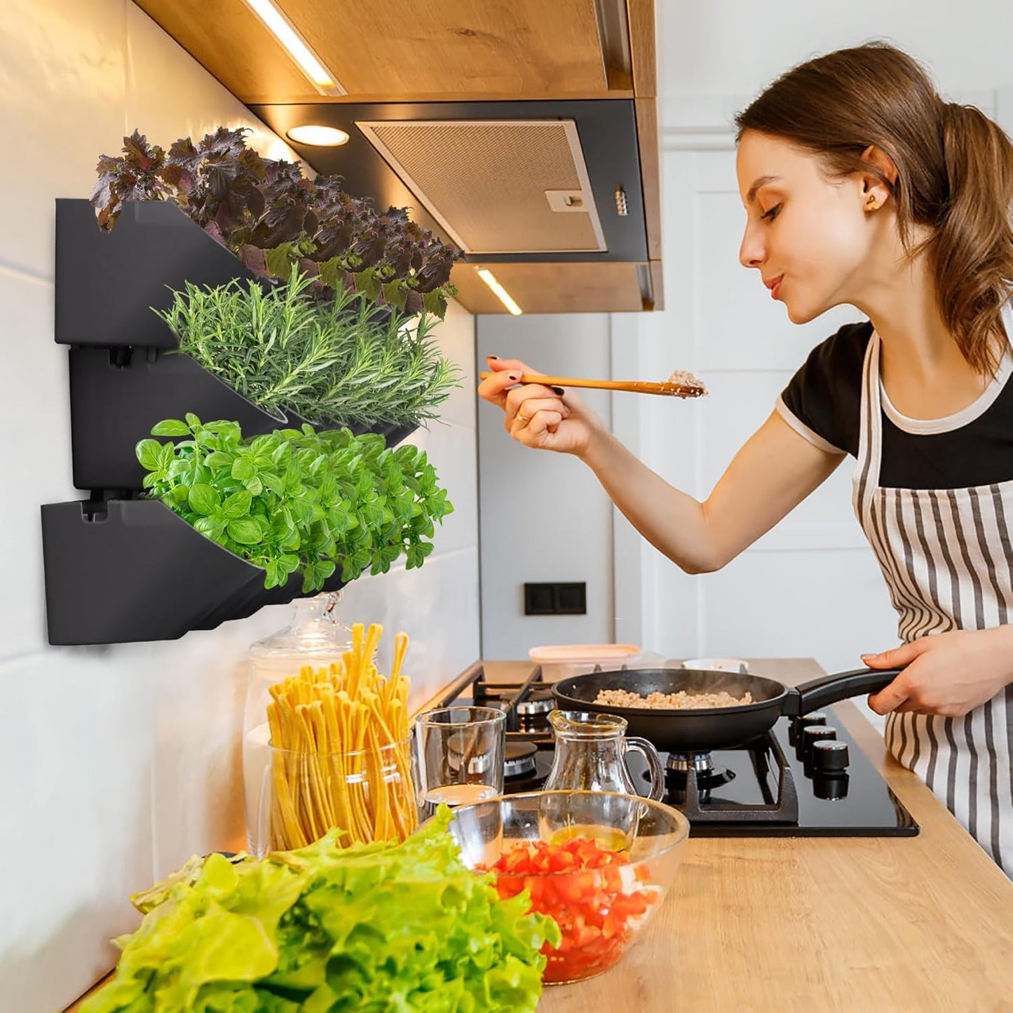 Worth Garden Upgraded 6 Sets (18 Pockets) Self Watering Stackable Vertical Planters - Wall Mounted Plastic Plant Grow Pots fr Strawberries Flowers Herbs - Indoor Outdoor Green Wall Decoration (Black)