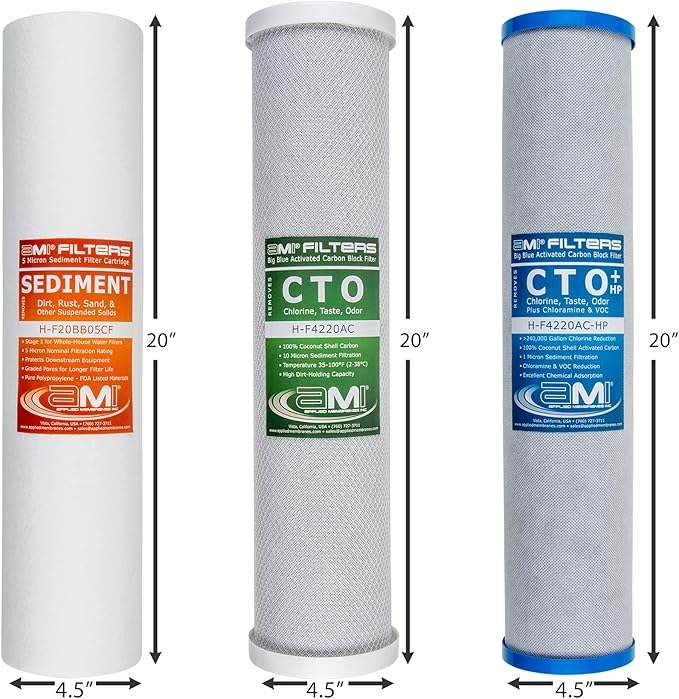 Applied Membranes Inc. 3-Stage Whole-House Water Filter Cartridge Replacements, 20-Inch Carbon and Sediment Filter Cartridges