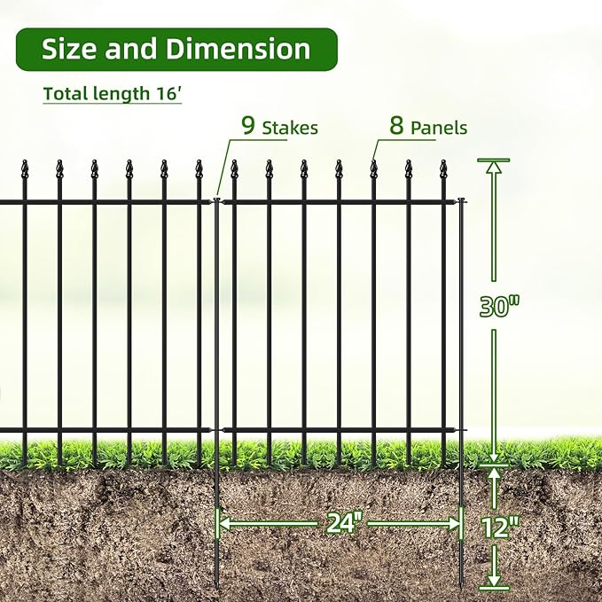Metal Garden Fence 30 in H x 16 ft L, Border Fences Panels Animal Barrier for Dogs, No Dig Garden Fencing for Yard Patio Flower Bed Lawn Outdoor, 8 Panels + 9 Stakes Black