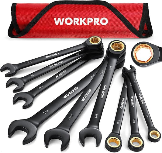 WORKPRO 9-Piece Anti-Slip Ratcheting Combination Wrench Set, SAE 1/4"-3/4", 72-Teeth, Cr-V Constructed, Black Ratchet Wrenches Set with Roll Up Pouch