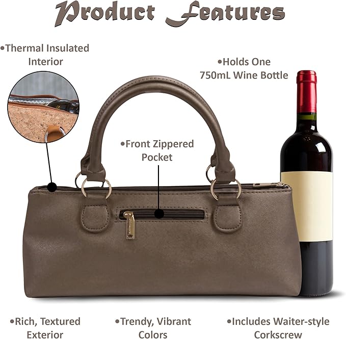 Wine Clutch Bag (Thermal Insulated) Trendy Women’s Carry Tote | Holds Red & White 750mL Bottles | Trendy Fashion | Incl. Portable Waiter-Style Corkscrew