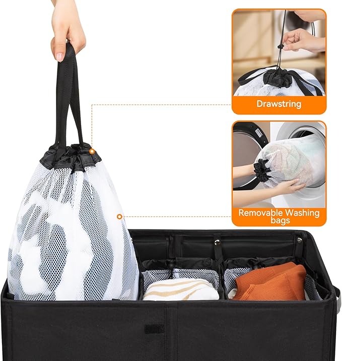 WOWLIVE Laundry Hamper with Lid,160L Large Laundry Basket 3 Section with Removable Washing Bags,Collapsible Waterproof Dirty Clothes Hamper for Laundry Room Bathroom Dorm,Black