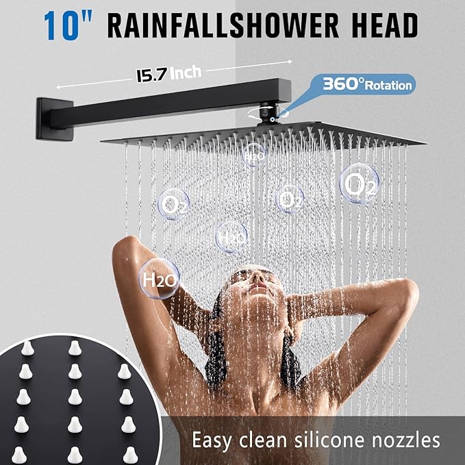 10 Inch Rainfall Shower System with Tub Spout Wall Mounted Complete Combo with Solid Brass Pressure Balancing Valve, High Pressure Shower Head, Handle Set & Installation Accessories Matte Black
