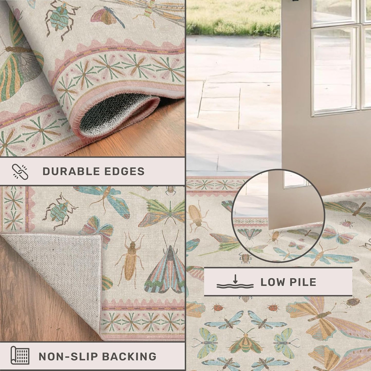 Light Pink Nursery Rug for Baby, Cute 5x7 Area Rugs for Girls Bedroom, Kids Room, Playroom, Whimsical Insect Butterfly Animal Print Decor, Washable & Ultra Soft & Stain Resistant