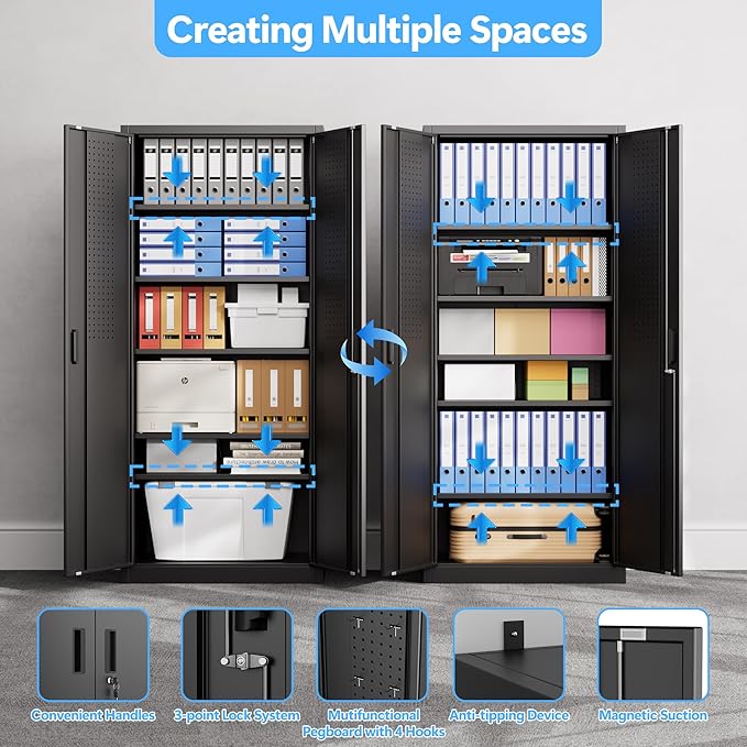 70.87" H Metal Garage Cabinet with 2 Doors and 5 Adjustable Shelves,Metal Storage Cabinet with Pegboards and Hooks for Garage, Office, Home,Gym, School, Assembly Required,Black