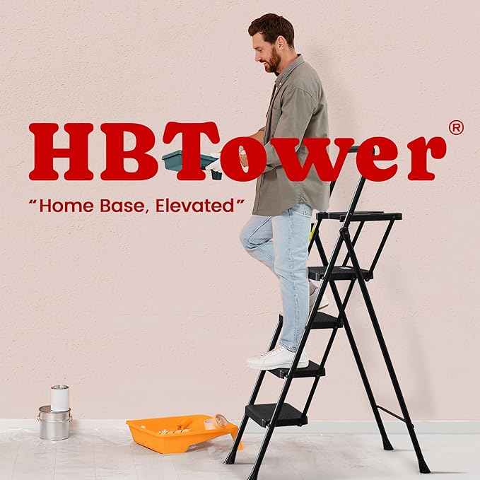 HBTower Step Ladder, Folding Step Stool with Wide Anti-Slip Pedal, Sturdy Steel Ladder, Convenient Handrail, Lightweight, Portable Steel Step Stool