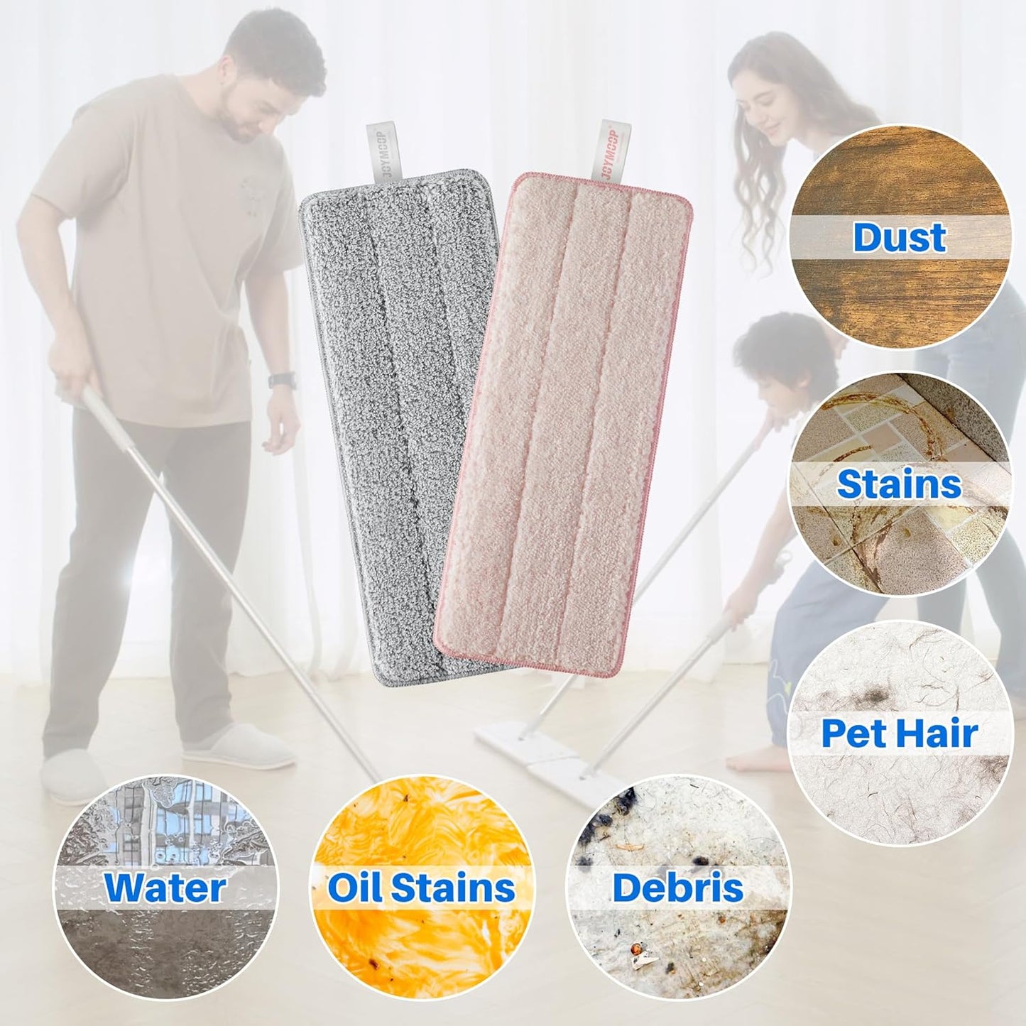 JOYMOOP Mop Replacement Pads, Reusable Microfiber Mop Pads for 13-inch Flat Mop and Mop Bucket Set, Pack of 2 Refills - Grey and Pink