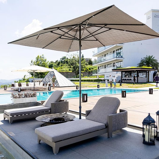 PURPLE LEAF 9 X 12 FT Semi-Auto Outdoor Patio Umbrella Market Table Sun Umbrellas with 8 Aluminum Sturdy Ribs for Backyard Deck Garden Pool (Silver Pole Beige Canopy)