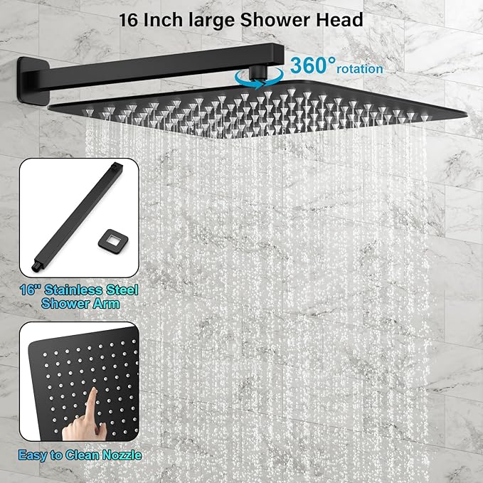 Black Shower Faucet Set, Rainfall Shower System with Square Shower Head and Handle Set, Wall Mounted Shower Fixtures, Full Metal Trim Repair Kit 16 inch Matte Black (With Shower Valve)