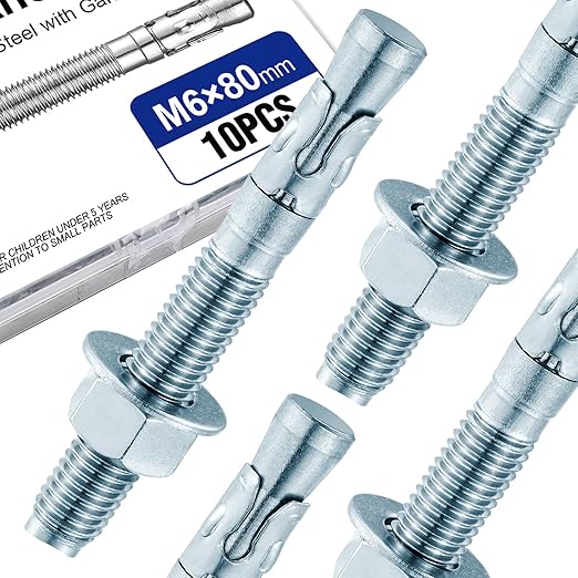 10Pcs M6×80mm Wedge Anchor Bolt, Carbon Steel Zinc Plated, Concrete Anchor Screws Kit, Anti-Rust Metric Expansion Bolts