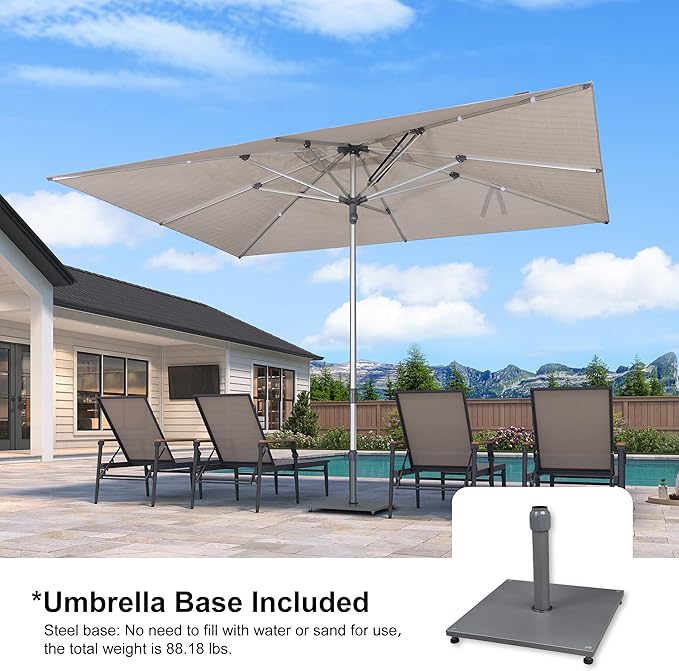 PURPLE LEAF 9 X 12 FT Semi-Auto Outdoor Patio Umbrella with Base Market Table Sun Umbrellas with 8 Aluminum Sturdy Ribs for Backyard Deck Garden Pool (Silver Pole Beige Canopy)