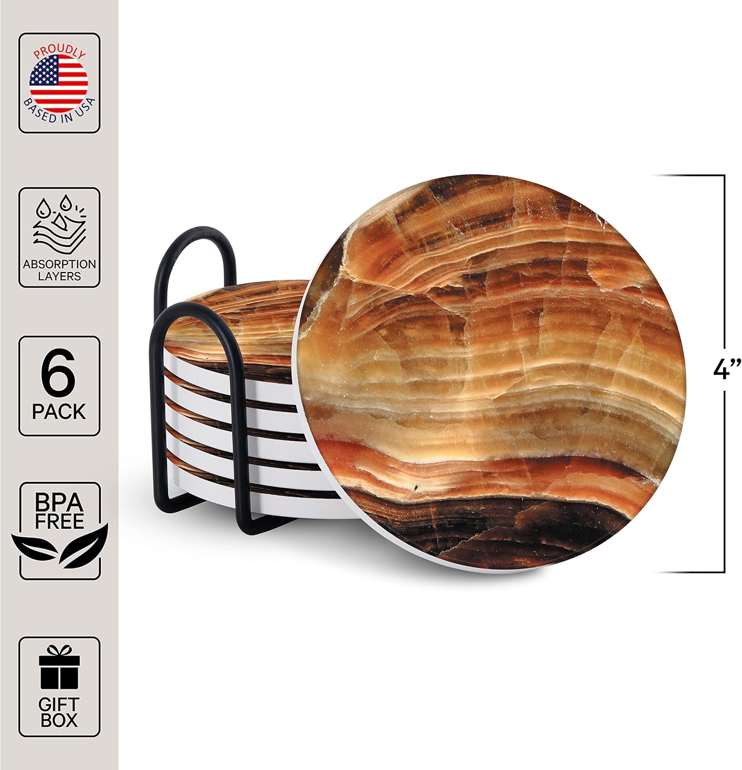 Emerson Essentials Coasters for Drinks Absorbent with Holder, Set of 6, Cork Bottom Ceramic Stone Modern Marble Style for Wooden Coffee Bar Tables, Glass Tabletop Non Slip, Housewarming